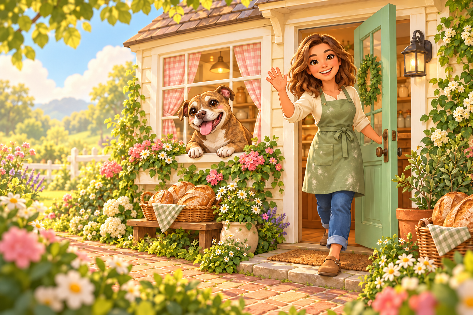 Cartoon Heather stepping out of her cozy home bakery and waving, with Bear the brindle pitbull peeking through the window.